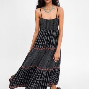 Zara Black Embroidered Tiered Maxi Dress Size XS